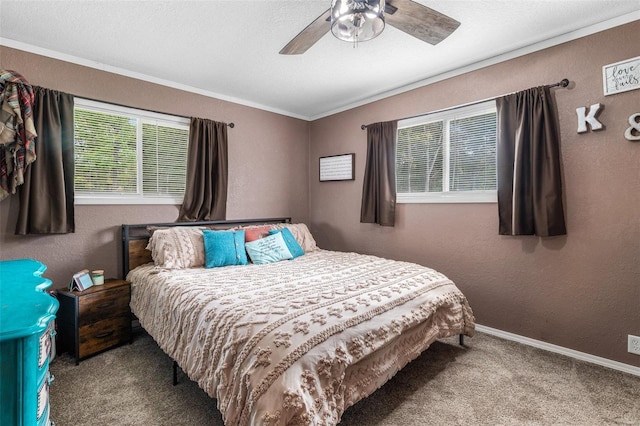 bedroom with ceiling fan, light carpet, and ornamental molding