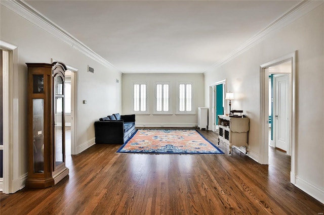 unfurnished living room featuring dark hardwood / wood-style floors and ornamental molding