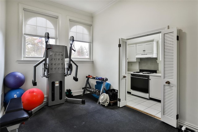 exercise room featuring ornamental molding and light tile patterned floors