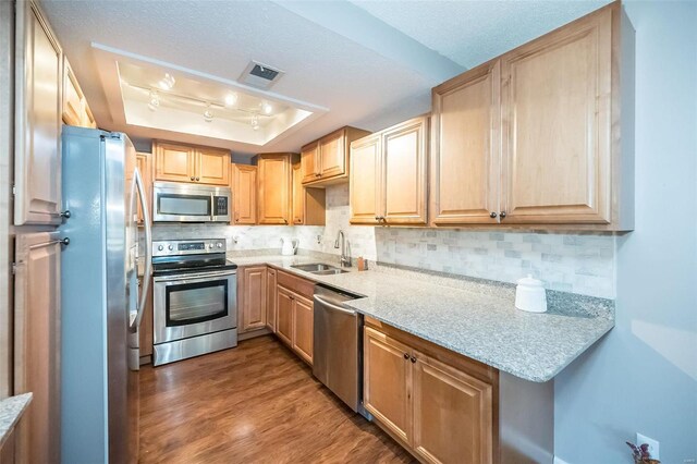 kitchen featuring sink, stainless steel appliances, a raised ceiling, light stone counters, and wood-type flooring