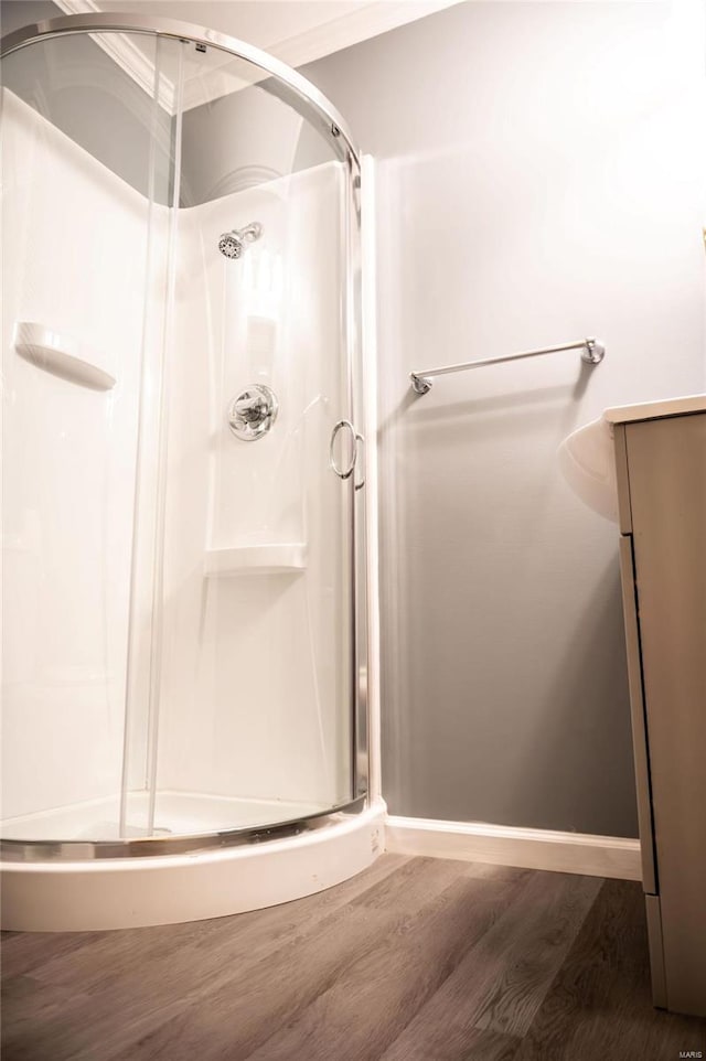 bathroom with vanity, hardwood / wood-style floors, and an enclosed shower