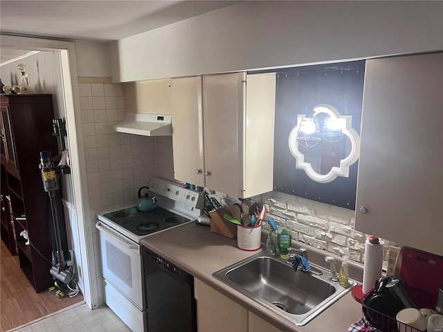 kitchen featuring electric stove, white cabinets, dishwasher, light hardwood / wood-style flooring, and sink