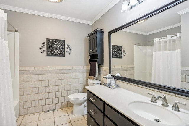 full bathroom featuring vanity, crown molding, toilet, and tile patterned floors