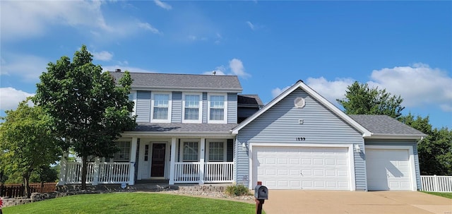 view of front of property with a garage, covered porch, and a front yard