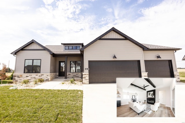 modern farmhouse style home with a garage and a front lawn