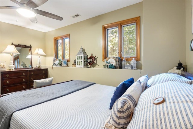 bedroom featuring ceiling fan and multiple windows