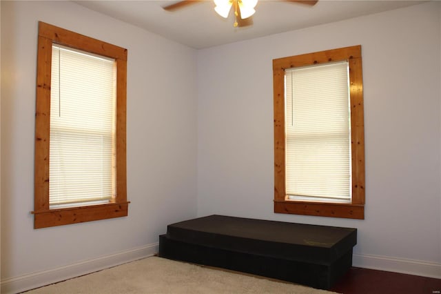 interior space featuring light carpet and ceiling fan