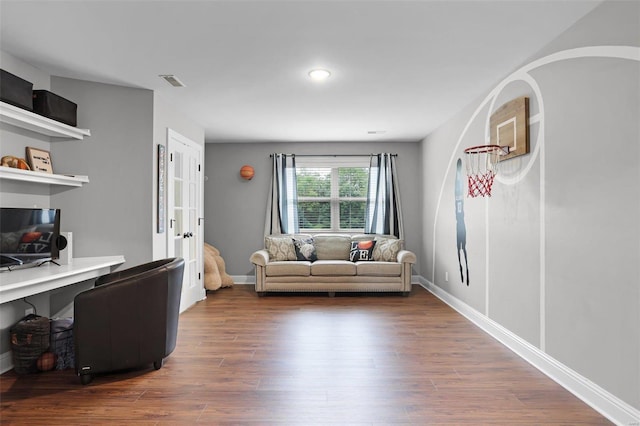 living room with dark wood-type flooring