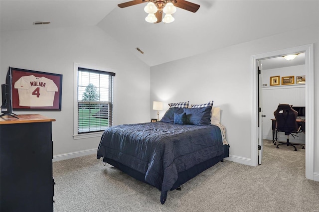 bedroom featuring ceiling fan, carpet floors, and lofted ceiling