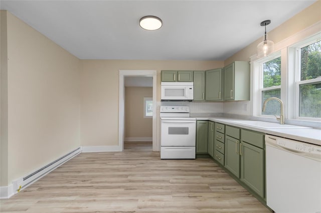 kitchen with a baseboard heating unit, green cabinetry, decorative light fixtures, light wood-type flooring, and white appliances