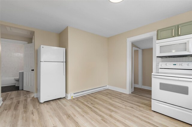 kitchen featuring light hardwood / wood-style flooring, a baseboard heating unit, green cabinets, and white appliances