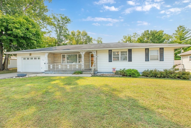 ranch-style house with a front lawn, a porch, and a garage