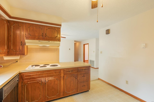 kitchen featuring ceiling fan, a textured ceiling, white cooktop, black dishwasher, and decorative backsplash