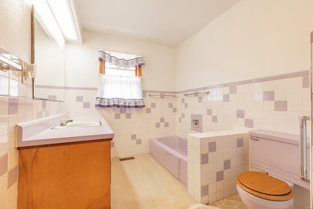 bathroom with tile walls, a bath, plenty of natural light, and toilet