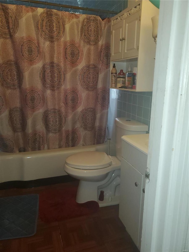 full bathroom with tile walls, shower / bathtub combination with curtain, vanity, parquet floors, and toilet