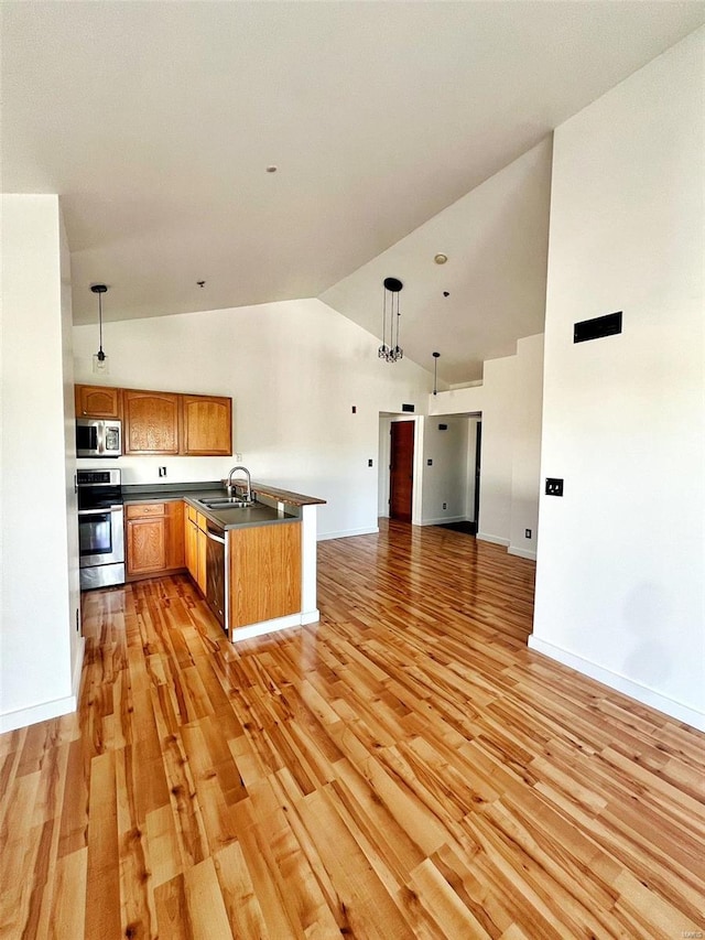 kitchen featuring light hardwood / wood-style floors, decorative light fixtures, sink, and stainless steel appliances