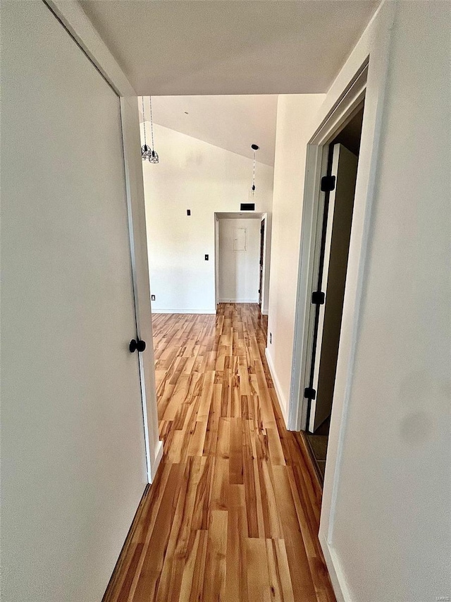 hallway featuring light hardwood / wood-style floors and vaulted ceiling