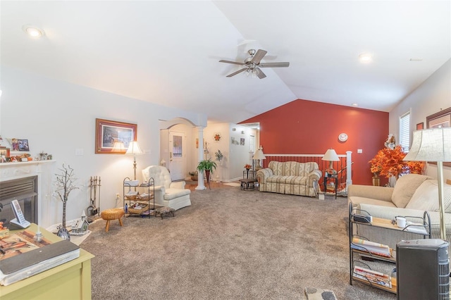 carpeted bedroom featuring vaulted ceiling and ceiling fan