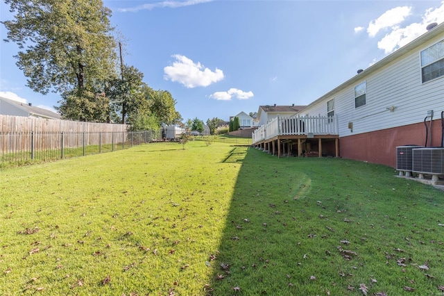 view of yard featuring a deck and central air condition unit