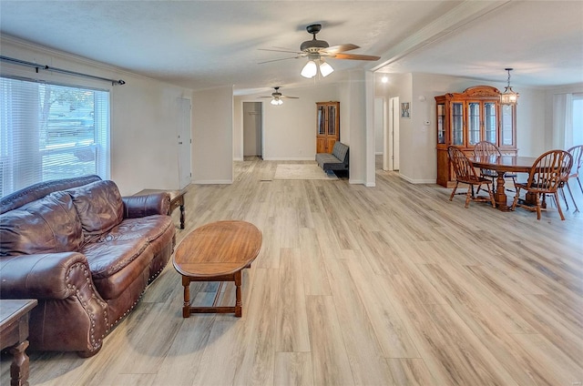 living room with light wood-type flooring and ceiling fan