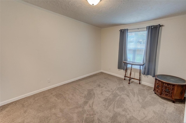 carpeted empty room featuring a textured ceiling and ornamental molding