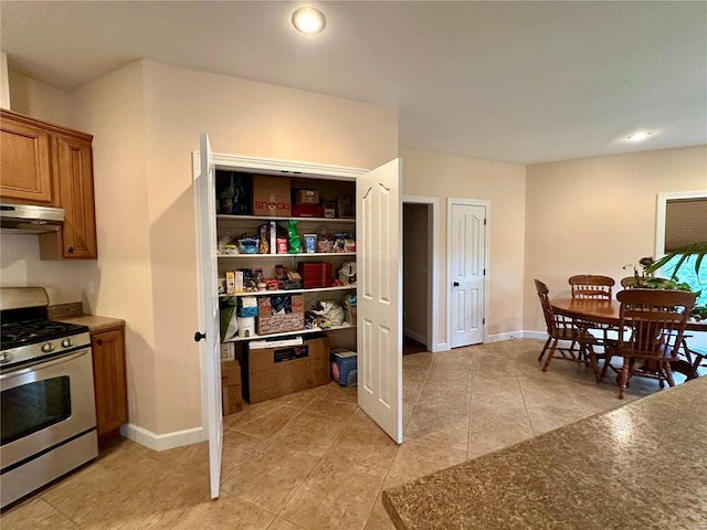 kitchen with exhaust hood, gas range, and light tile patterned floors