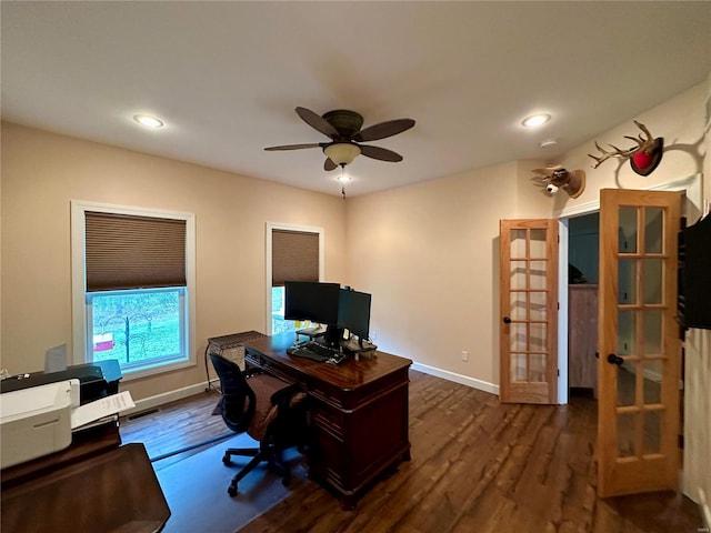 office featuring ceiling fan and dark hardwood / wood-style flooring