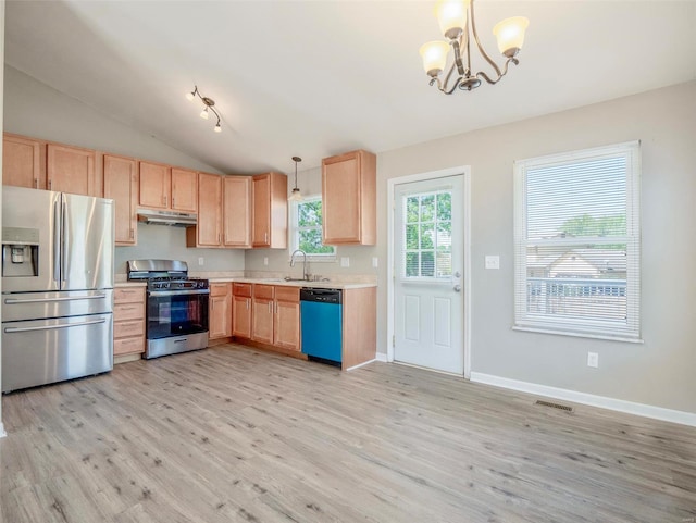 kitchen with hanging light fixtures, light brown cabinetry, light hardwood / wood-style flooring, and stainless steel appliances