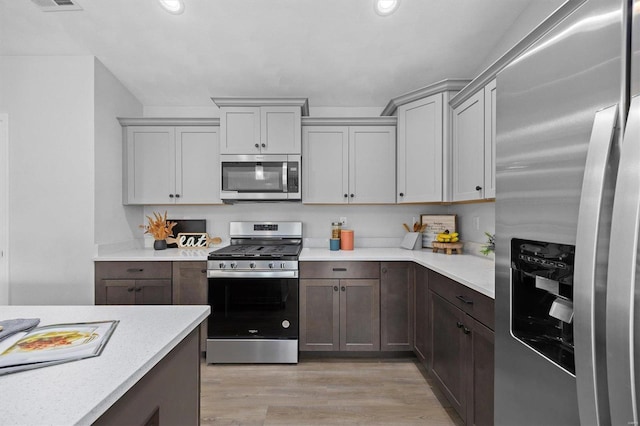 kitchen featuring gray cabinets, stainless steel appliances, and light hardwood / wood-style floors