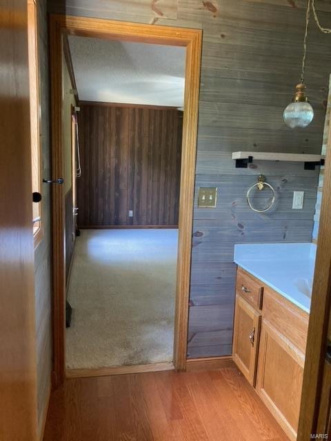 bathroom featuring wood walls, hardwood / wood-style floors, and vanity