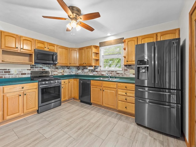 kitchen with ceiling fan, sink, decorative backsplash, and stainless steel appliances