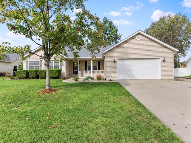 single story home with a porch, a garage, and a front lawn