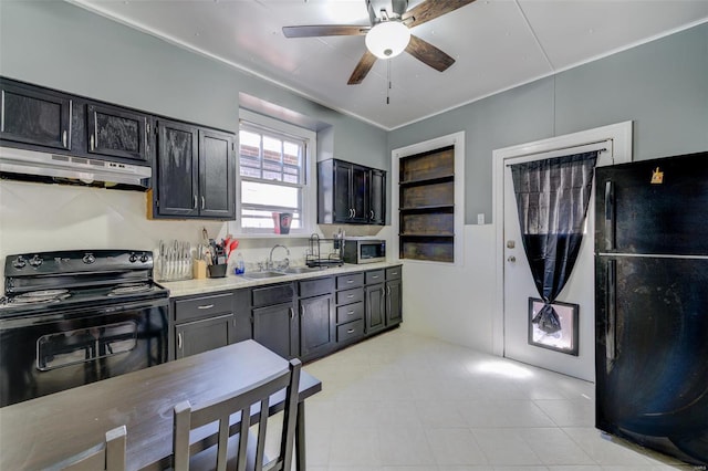 kitchen with black appliances, ceiling fan, sink, and ventilation hood