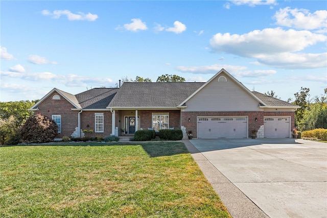 single story home with a garage and a front yard