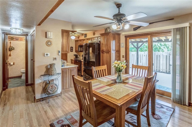 dining area featuring ceiling fan, a textured ceiling, and light hardwood / wood-style flooring