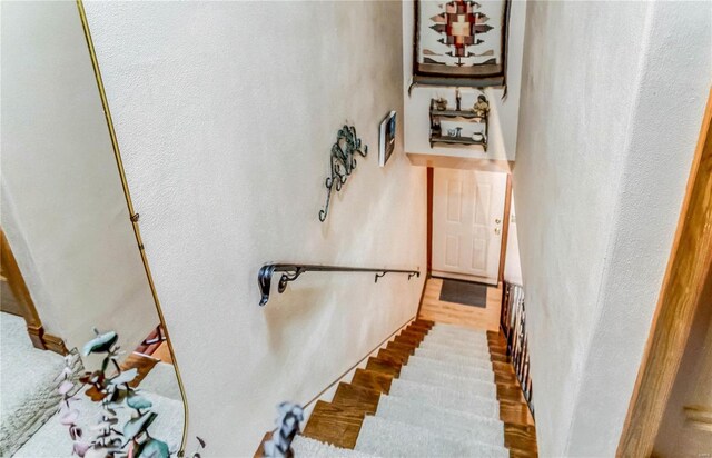 staircase with hardwood / wood-style floors