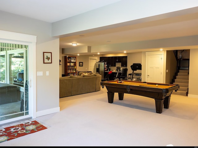 rec room featuring light colored carpet and billiards