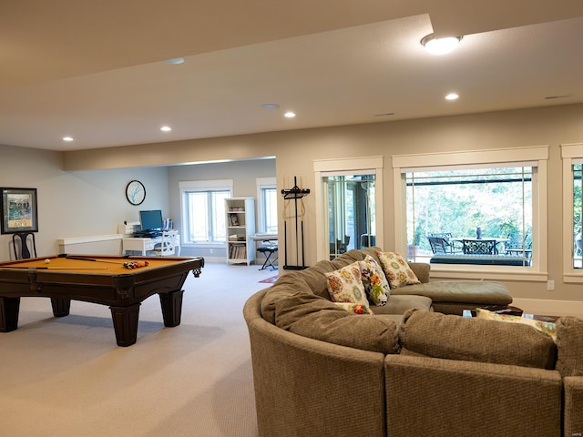 recreation room with light carpet and billiards