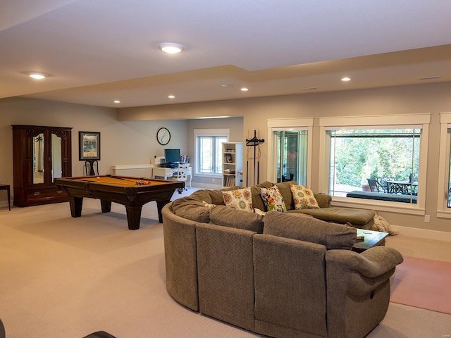 rec room featuring pool table, light colored carpet, and plenty of natural light