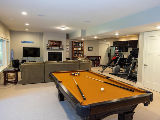 game room featuring light carpet and billiards