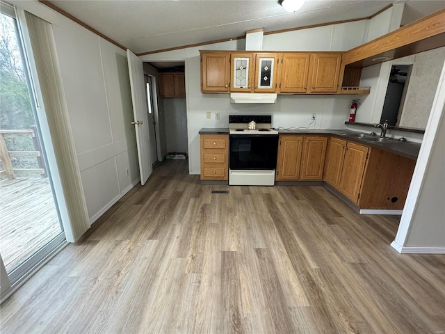 kitchen featuring white electric range, crown molding, sink, vaulted ceiling, and light wood-type flooring