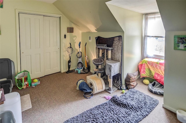 rec room featuring carpet floors and lofted ceiling