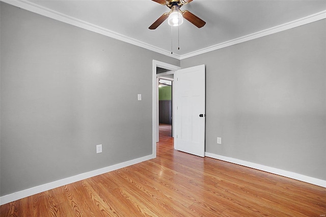 spare room with light hardwood / wood-style flooring, ceiling fan, and ornamental molding