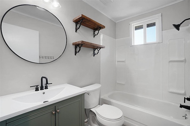 full bathroom featuring  shower combination, crown molding, vanity, and toilet