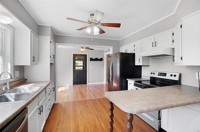 kitchen with ceiling fan, white cabinets, sink, light hardwood / wood-style flooring, and stainless steel appliances