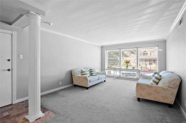 carpeted living room featuring ornamental molding and ornate columns