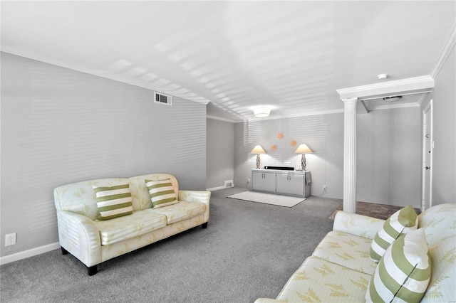 carpeted living room with decorative columns and ornamental molding