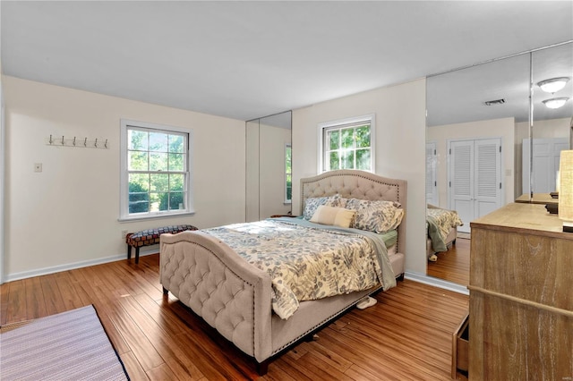 bedroom with multiple windows, wood-type flooring, and a closet