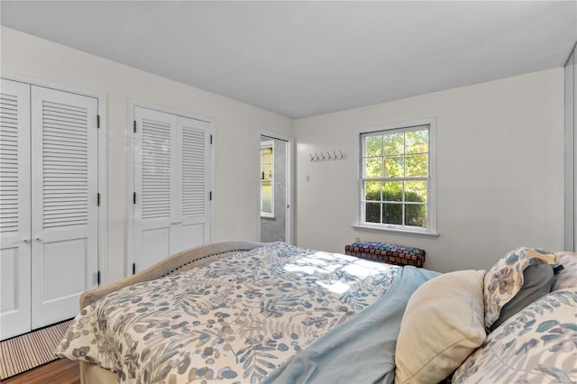 bedroom with multiple closets and hardwood / wood-style flooring