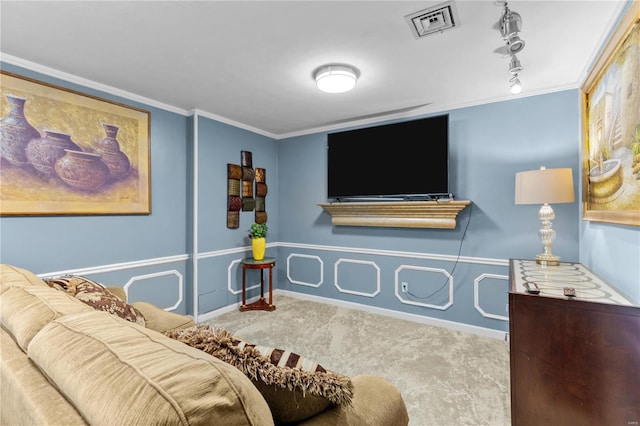 living room with carpet floors and crown molding